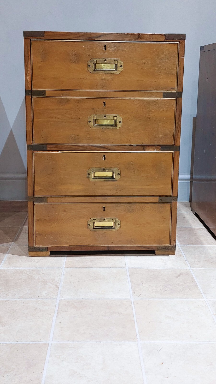 Four Campaign Style Vintage Heavy Yew Chest of Drawers Filing