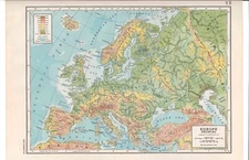 Europe Physical Map  1947 Vintage  Color 16.5in by 12in ready to frame for art