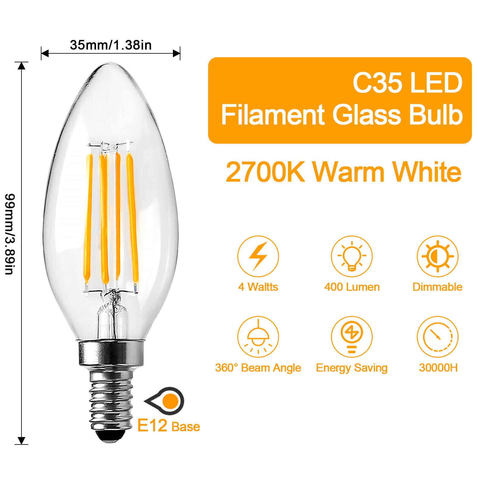 E14 LED Bulb Dimmable 40W Equivalent 3000K Soft White, E14 European  Candelabra Base Light Bulbs, Clear Glass Torpedo Shape, 6 Pack