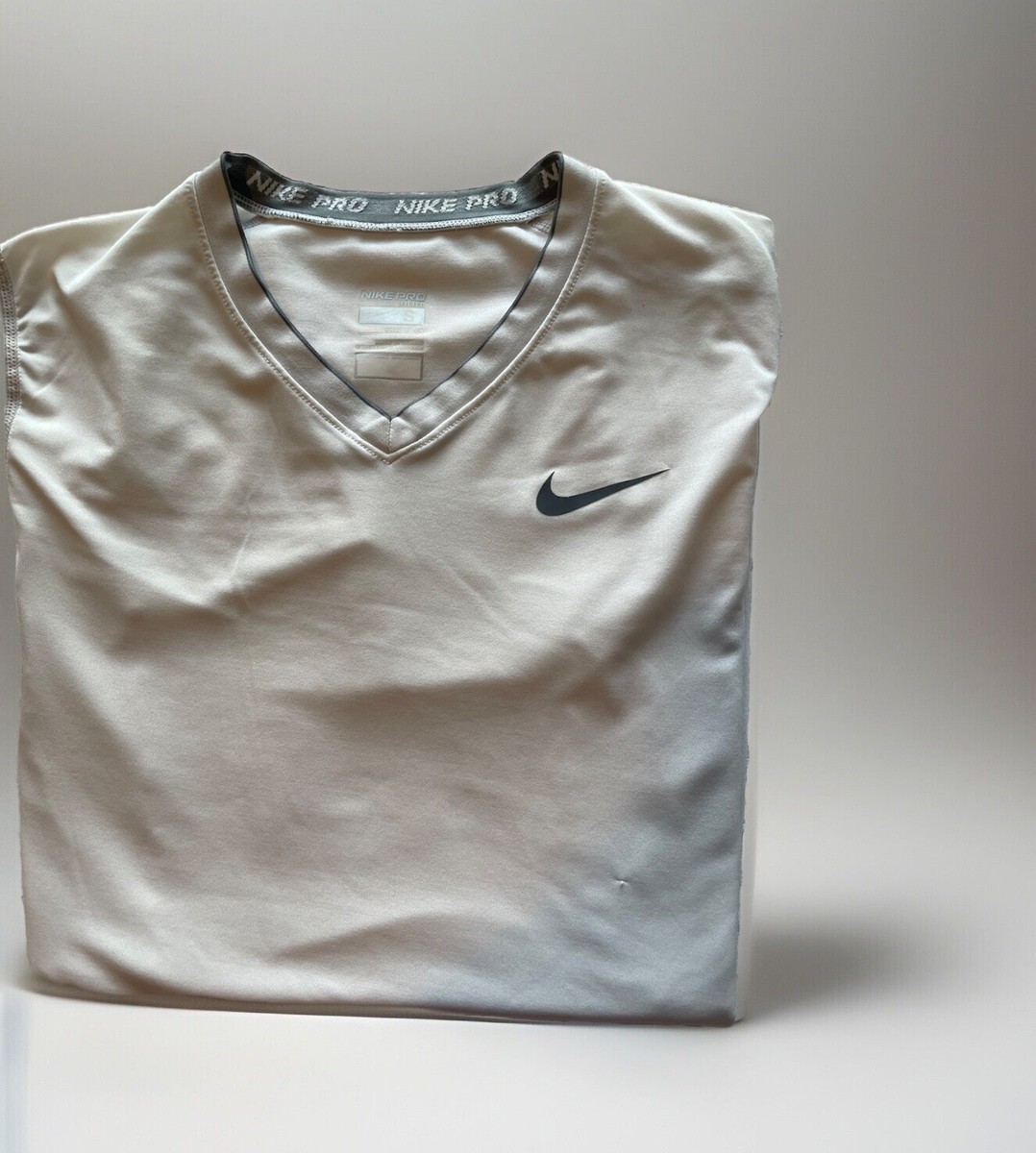 Nike Pro Dri-Fit White Training V Neck T-Shirt Short Sleeve Swoosh