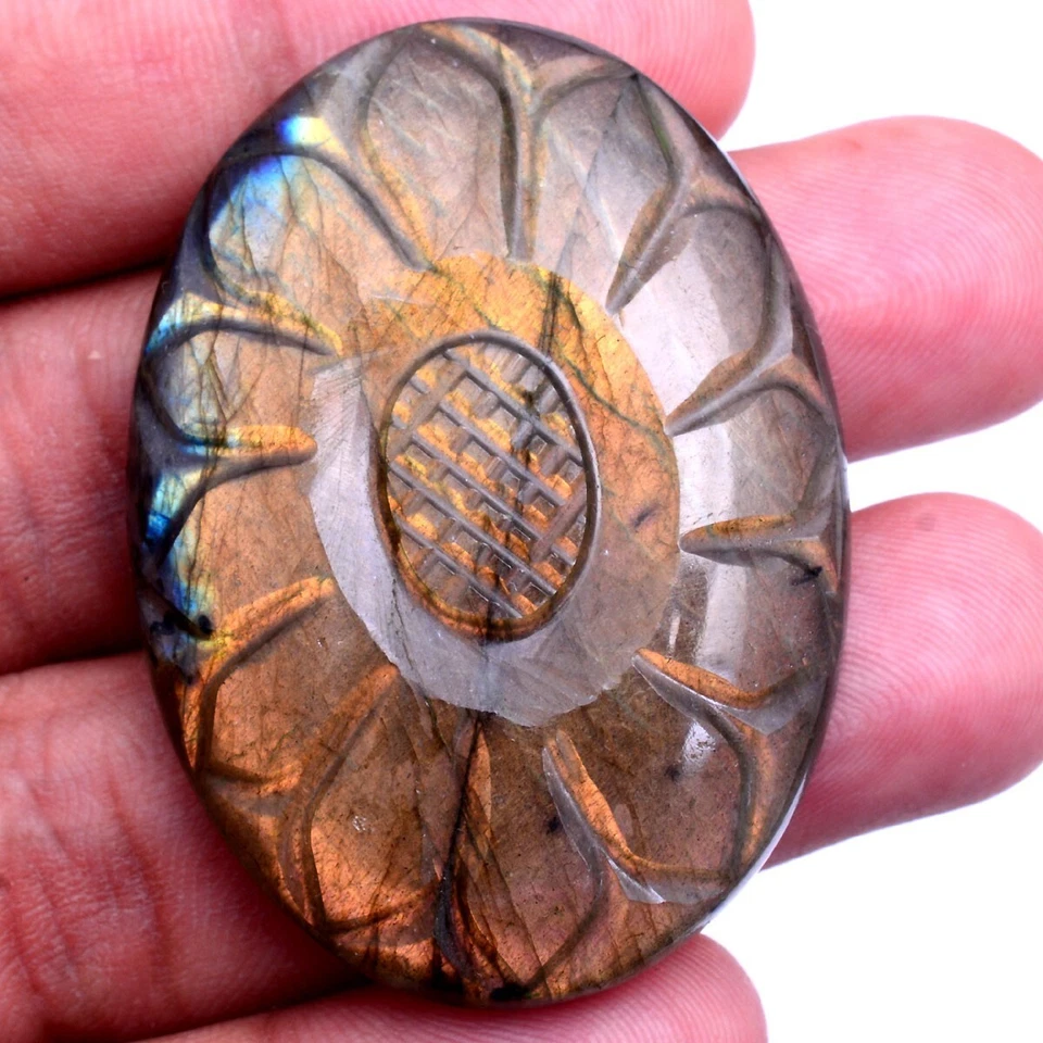 102 Cts Natural Labradorite Oval Hand Carving Flashy Untreated Loose Gemstone - Image 2 of 4