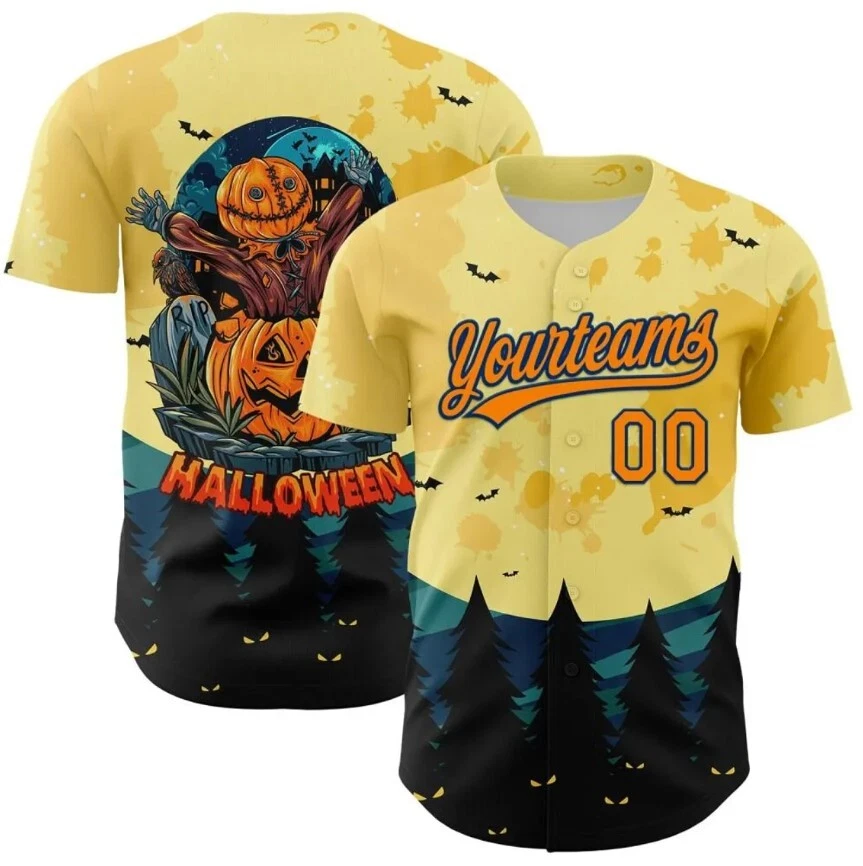 Custom Light Yellow Bay Orange Navy Blue Halloween Baseball Jersey