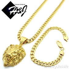 24"MEN Stainless Steel 6mm Gold Plated Cuban Curb Necklace Bracelet Pendant GP50