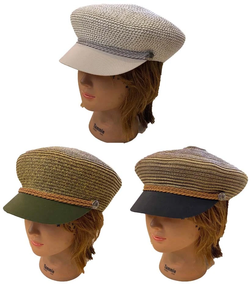 Captain Sailor Paper Straw Women Men Fashion Cap Hat w/ Braid Faux Suede Strap