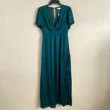 Baltic Born New Size L Prague Satin Smocked Empire Waist Maxi Dress Dark Green