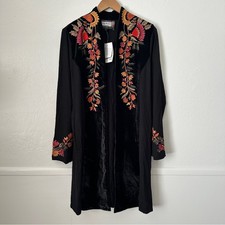 NWT Vintage Collection Velvet Embroidered Floral Boho Long Cardigan Black Small