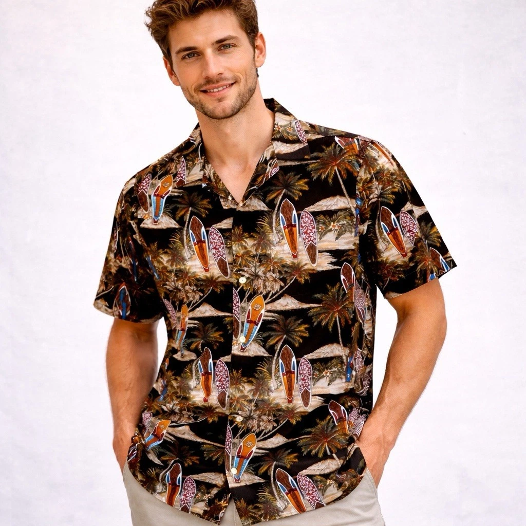Aloha Republic Surfboards Palm Trees Volcano Hawaiian Shirt Size Mens Large USA