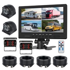 Backup Camera System 9" 4CH Quad Monitor for Truck RV Trailer Bus Rear Side View