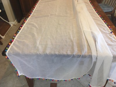 Whimsical Sheer White Curtain with Colorful Pom Poms down the sides 1 panel
