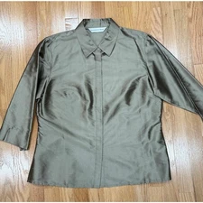 Slub Silk Preston & York 3/4 Sleeve Shirt Womens M Vintage Olive Gold