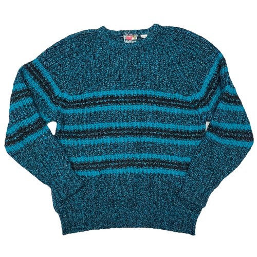 Suéter de punto concreto vintage de los 90 cuello redondo para hombre azul a rayas grande - Imagen 1 de 9