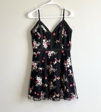 Lulus Women's Fleur Black Floral Mesh Embroidered Skater Dress Size Medium