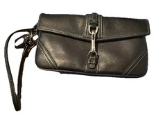Coach Vintage Black Leather Clutch Wristlet Contrast Stitch  Hook Clasp Closure