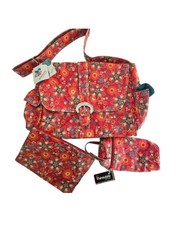 Kalencom NWT Red Primavera Floral Buckle Diaper Bag, Bottle Holder and Pouch