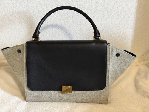 CELINE Felt Leather Handbag Gray Black Trapeze 2Way Gold Hardware Women