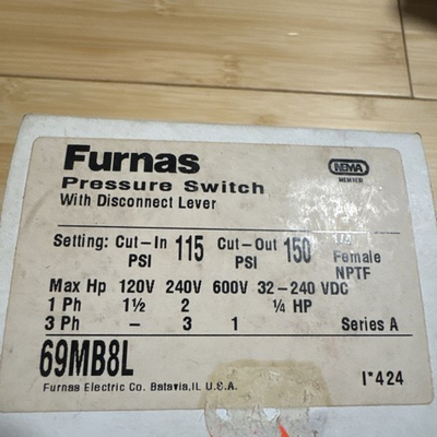 #ad Original Furnas Pressure Switch 69MB8L W Disconnect Lever New In Box $49.00