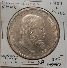1907-F German States Wurttemberg 5 Marks Uncirculated KM632 Mintage 436,321