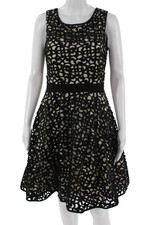 Xscape Women Fit & Flare Dress Black Geometric Sleeveless Zip Size 10