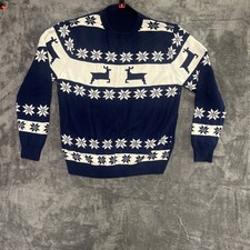 Reindeer Ugly Christmas Sweater Holiday Festival Fashion Navy Blue and White XL