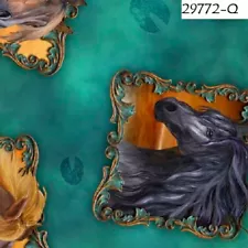 Wild Horses Framed on Teal Turquoise Cotton quilt fabric by QT Fabrics Western