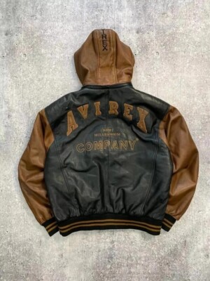 Avirex Company Genuine Leather Bomber Jacket Black Brown Baggy Hooded
