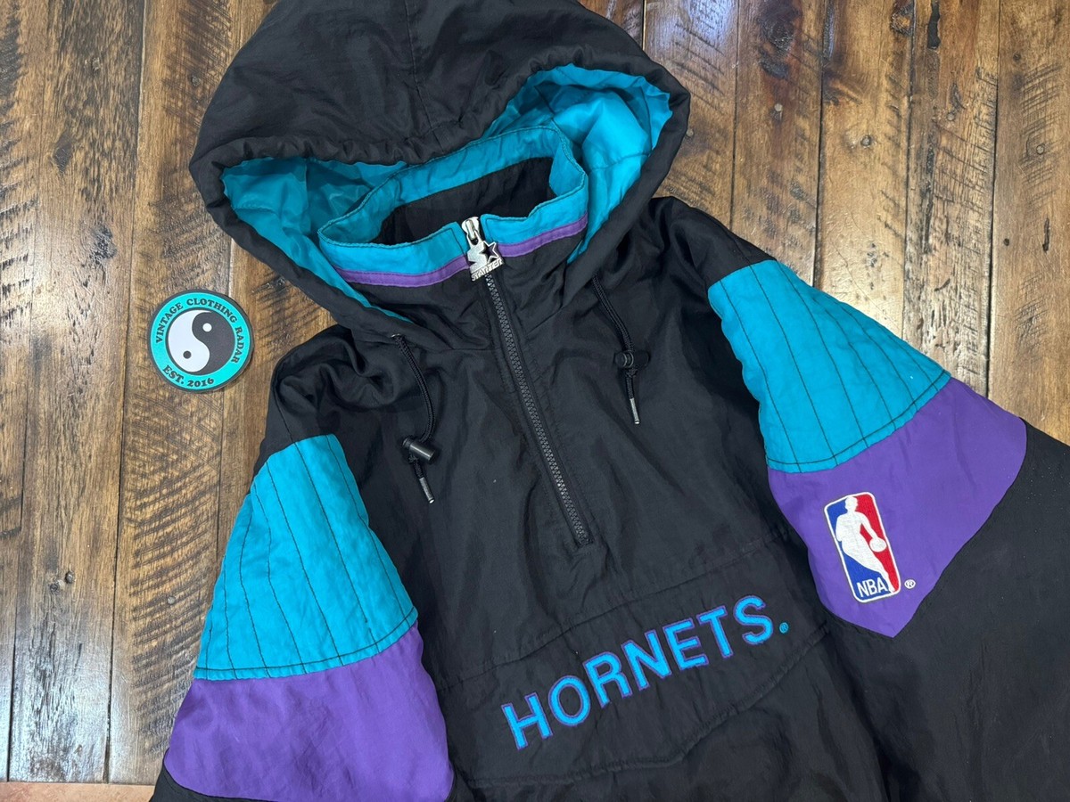 Vintage 90s Charlotte Hornets Starter black jacket half Vintage 90s Charlotte Hornets Starter black jacket half