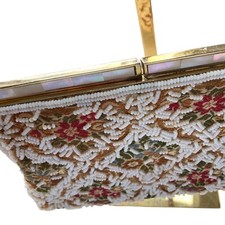 Vintage MCM Beaded Tapestry Handbag Purse MOP Trim Evening Bag Clutch Hong Kong
