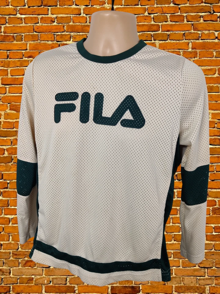 MENS FILA SIZE UK XS SMALL CREAM GREEN MESH ROUND NECK T-SHIRT TOP LONG SLEEVE - Image 2 of 4