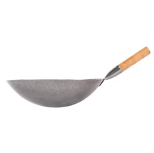 14" Mandarin Carbon Steel Round Thai Wok Skillet with Riveted Wood Handle Pan