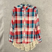 Umgee Tunic Women's Small Multicolor Plaid Long Sleeve Button Down Lace Hem