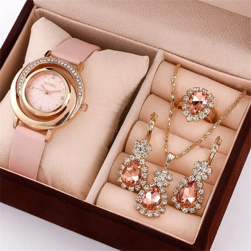 Montre rose femme parure de bijoux 5 pièces coffret cadeau idéal