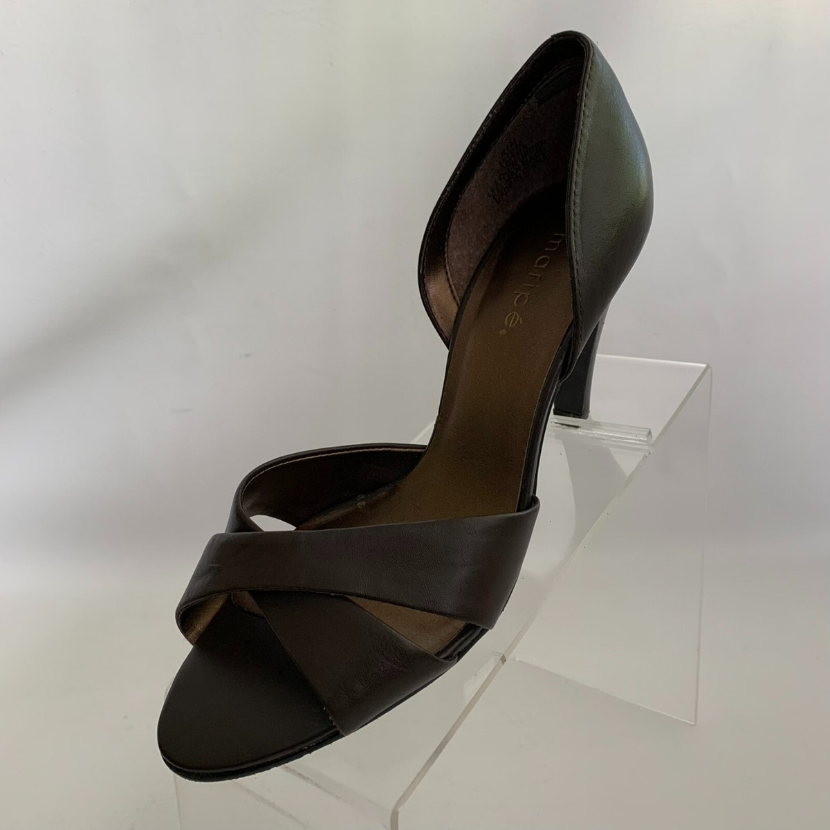 Maripe Tabitha Pumps Brown Leather Open Toe Cross Straps Slip On Shoes Size 