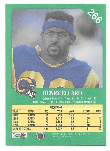 1991 Fleer Football Card #266 HENRY ELLARD, Los Angeles Rams - Picture 2 of 4
