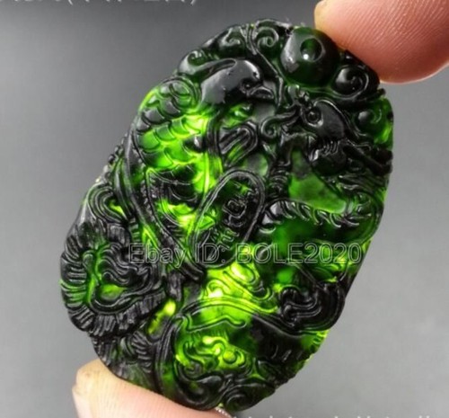 Natural Black Green Jade Carved Chinese Dragon Phoenix Pendant Necklace Jewelry - Picture 2 of 6