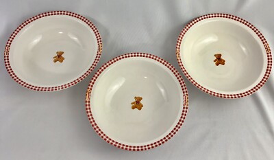 Campbell Lipton & Gund Vintage Teddy Bear Bowls - 3 White w Red Checkered 1021