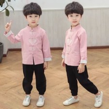 2pcs Boys Outfit Chinese Top Pants Set Ethnic Tang Suit Frog Button Retro Casual