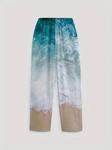 Fashion Women Wave Print Double Pocket Baggy Pants Casual Comfortable Pants New - Picture 3 of 4