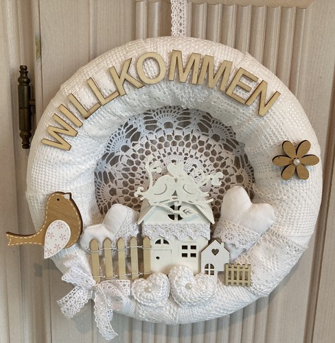 Handgefertigter Romantik Deko Kranz Häkelspitzen Vogel Pärchen Willkommen -309 - Bild 2 von 8