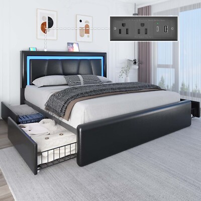 Full Queen Bed Frame with 4 Storage Drawers and Charging Station ＆ LED Lights