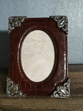 Brown Faux Croc Leather Silver Baroque Corners Picture Frame Vintage No Cover