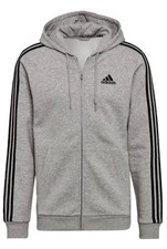 New Adidas Men Essentials Fleece 3-Stripes Full-Zip Hoodie Gray Heather HB0041