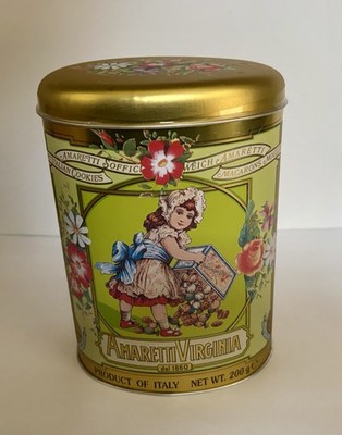 Vintage Amaretti Virginia Italian Cookie Tin - Floral Girl Design - Empty 7.5 