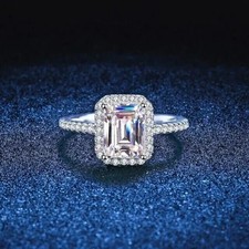 2.50CT Emerald-Cut Lab Created Halo Engagement Ring 14K White Gold Plated
