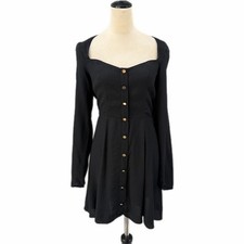 Reformation 8 Indira Black Long Sleeve Button Up Open Back Smocked Mini Dress