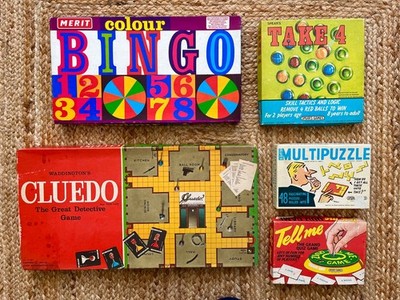 Konvolut 5 x Vintage 60er Spiele - Cluedo Colour Bingo Multipuzzle Take 4 Tell Me