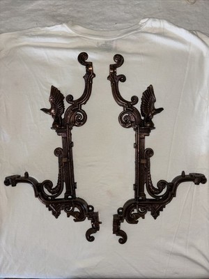 Antique Cast Brass Ornate WALL SCONCE Oil Lamp Brackets Art Deco Eagles 16  NICE