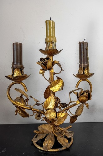 50er Paar Hollywood Regency Rosegold Italienisch Vergoldet Kerzenständer Florentine Tole - Bild 6 von 7