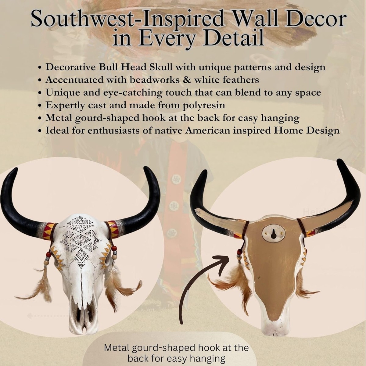 Rustic Southwest Tribal Bull Steer Bison Head Skull Wall Hanging