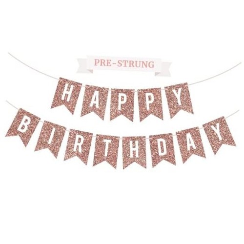 Pre-Strung Happy Birthday Banner - No DIY - Rose Gold Glitter Birthday Party