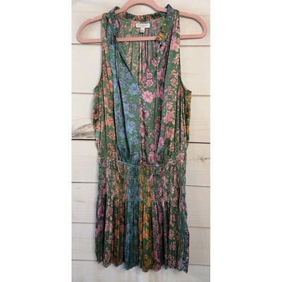 Current Air Los Angeles Mixed Floral Smocked Pleated Mini Dress Green Pink L